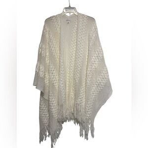 Croft & Barrow Ivory Crochet Poncho - Fringe Open Knit Ruana Wrap - One Size